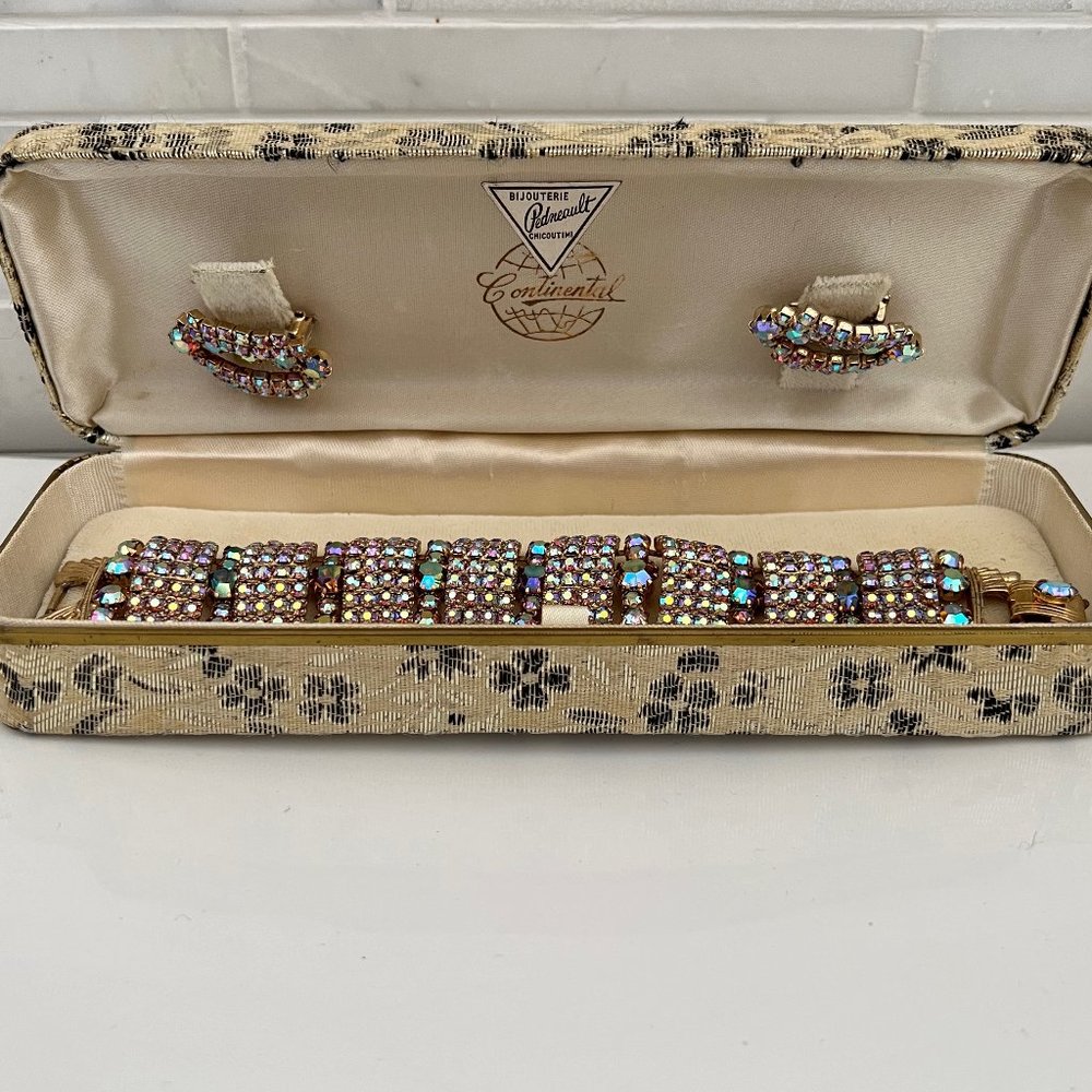 GLAMOROUS VINTAGE WIDE AB Rhinestone JEWELRY SET BRACELET EARRINGS CONTINENTAL - Picture 3 of 12